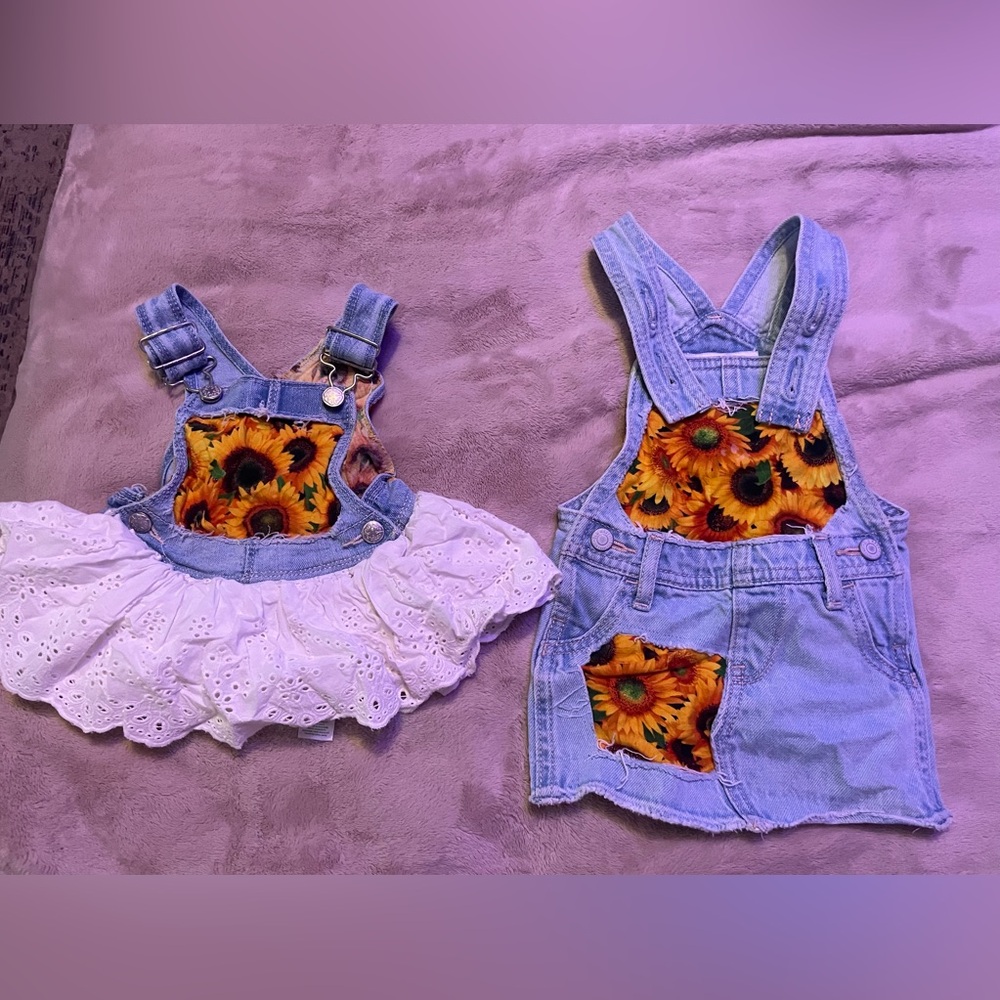Handmade jean overall sunflower dresses